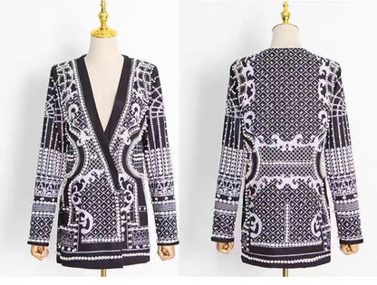 New Fashion Beaded V-neck Blazers for Women Streetwear Trendy High Quality Suit Jacket Coat Outerwear Female Clothing