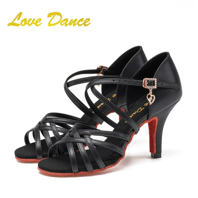 SW Latin Dance Premium Professional Women's Black Dance Shoes with Red Sole for Ballroom, Competition, Rumba & Cha-Cha Practice