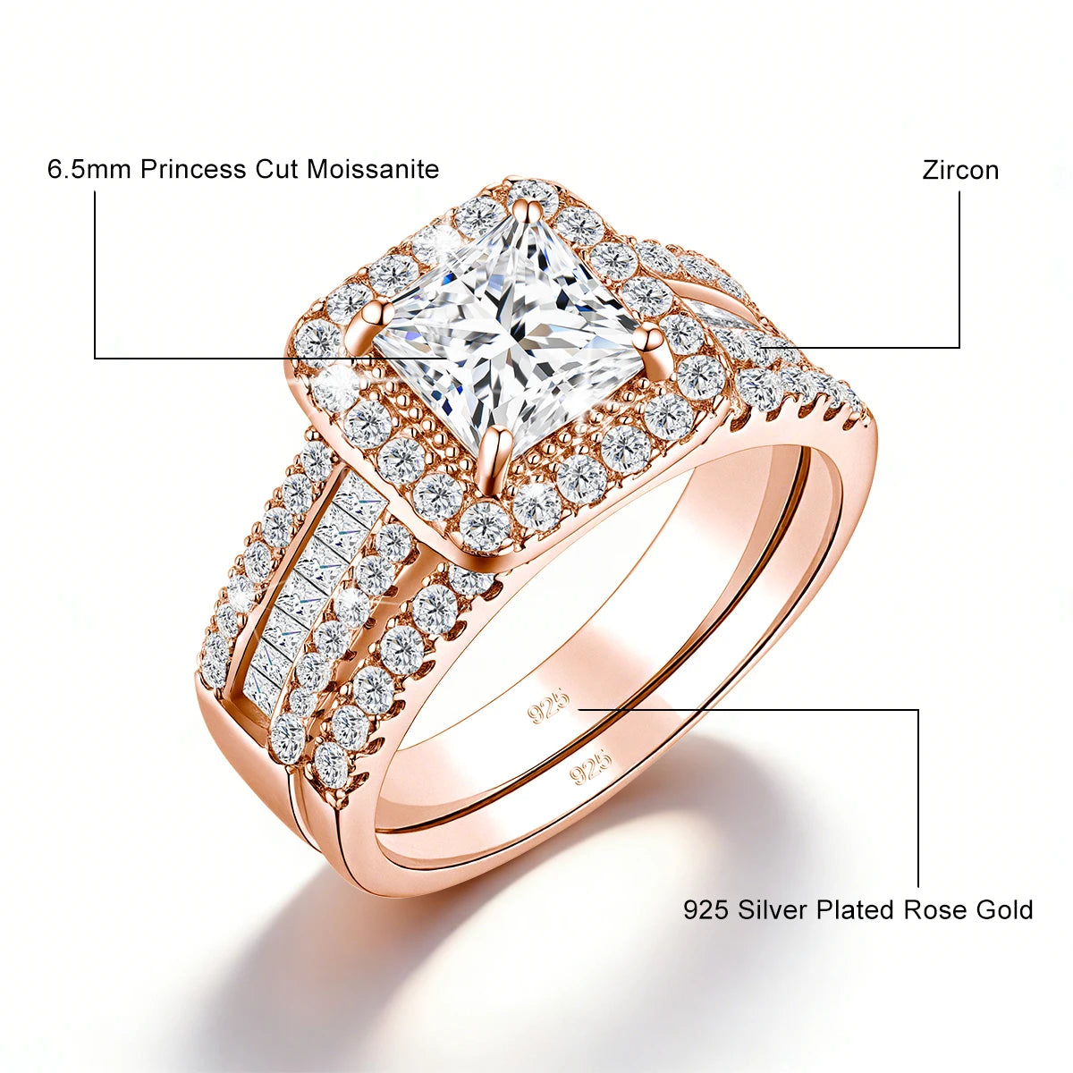 2Pcs 925 Silver Wedding Rings Set for Women Princess Cut White Moissanite Halo Engagement Bridal Ring Vintage Luxury Jewelry