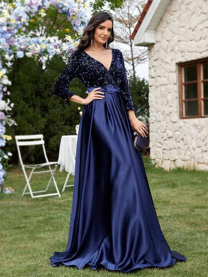 Lucyinlove Luxury Long Sleeve V-Neck Satin Formal Evening Dresses 2025 Elegant Wedding Party Sequins Women Prom Cocktail Gowns