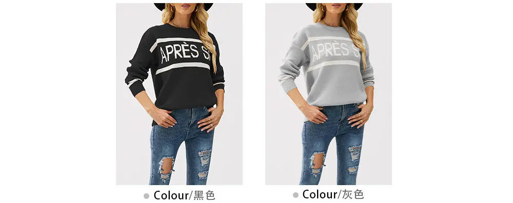 Women's Autumn and Winter New Crew-neck Monogram Jacquard Patchwork Pullover Sweater, Fashion Casual Spell Color Knit Sweater