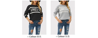 Women's Autumn and Winter New Crew-neck Monogram Jacquard Patchwork Pullover Sweater, Fashion Casual Spell Color Knit Sweater