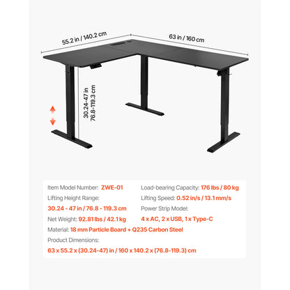 SucceBuy L Shaped Desk Electric Adjustable Height Corner Gaming Desk with Dual Hooks and Wheels for Home Office Easy to Assemble