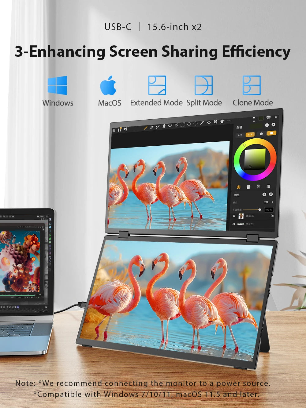 UPERFECT Laptop Screen Extender 15.6' FHD 1080P 360° Foldable Dual Monitors 100% SRGB HDMI USB-C Stacked Triple Portable Monitor