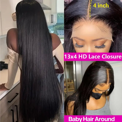 13×6 Lace Frontal Wig Straight 38 Inch 13×4 Brazilian Human Hair Pre Plucked Front Natural Black For Women 180 Density Sale