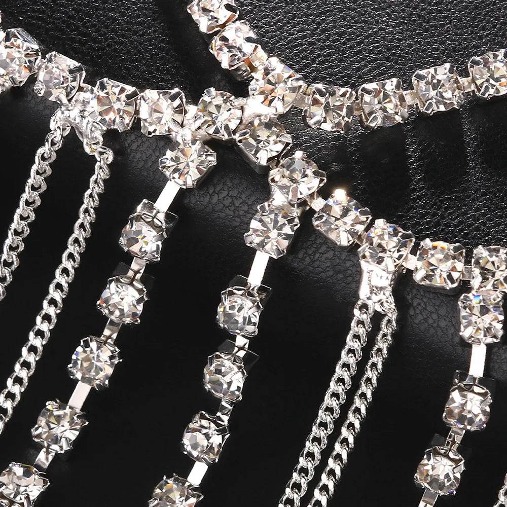 Fashion Rhinestone Tassel Mask Metal Chain Face Decoration Halloween Luxury Double-deck Crystal Veil Mask Belly Dance Jewelry