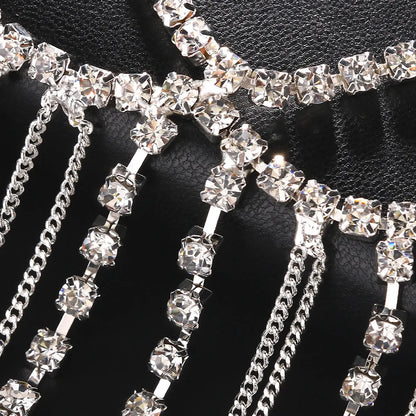 Fashion Rhinestone Tassel Mask Metal Chain Face Decoration Halloween Luxury Double-deck Crystal Veil Mask Belly Dance Jewelry