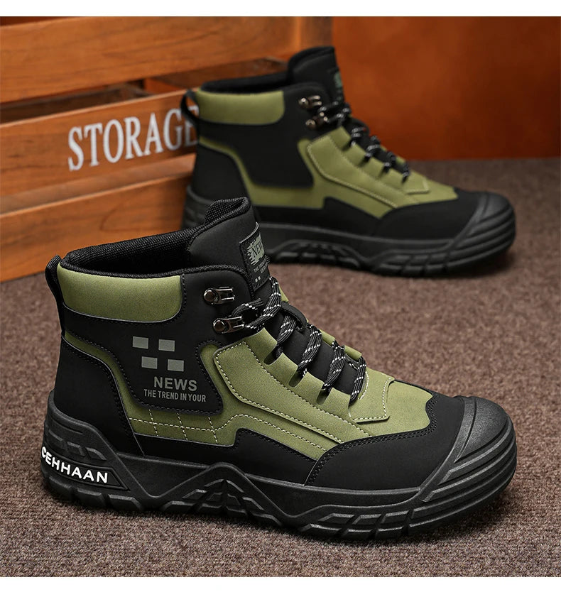 Original Black Leather Ankle Boots For Men Outdoor Non-slip Work Boots Men's Motorcycle Boots Platform High Top Bikers Shoes Man