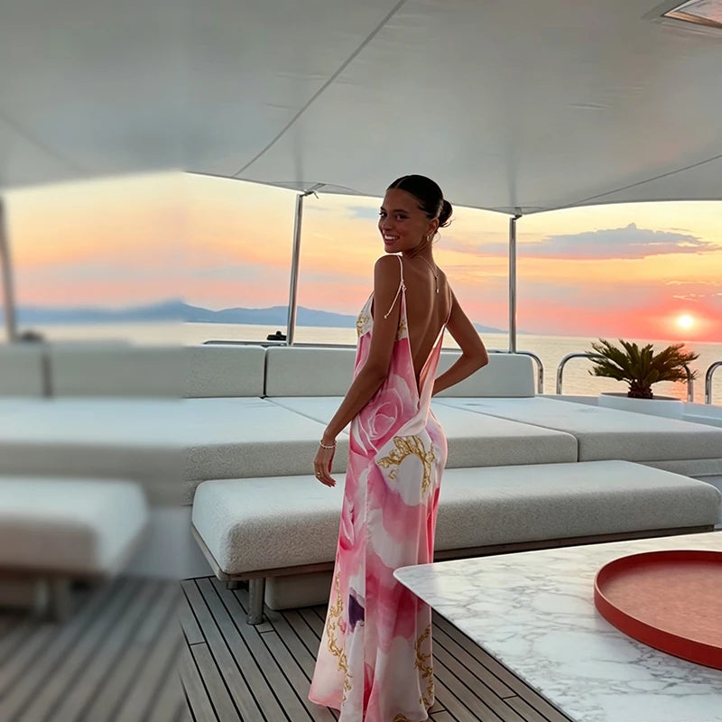 Sexy Sling Women's Maxi Dress V-neck Backless Floral Print Sleeveless Long Skirt 2026 NEW Summer Beach Vacation Party Vestido