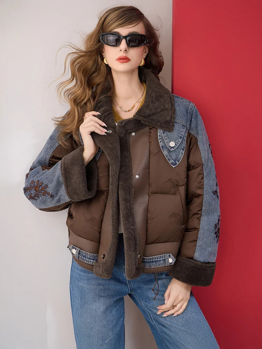 Women Vintage Denim Patchwork Puffer Jacket Loose Fit Thick Winter Coat Embroidered Sleeve Streetwear Warm Outerwear Fashion