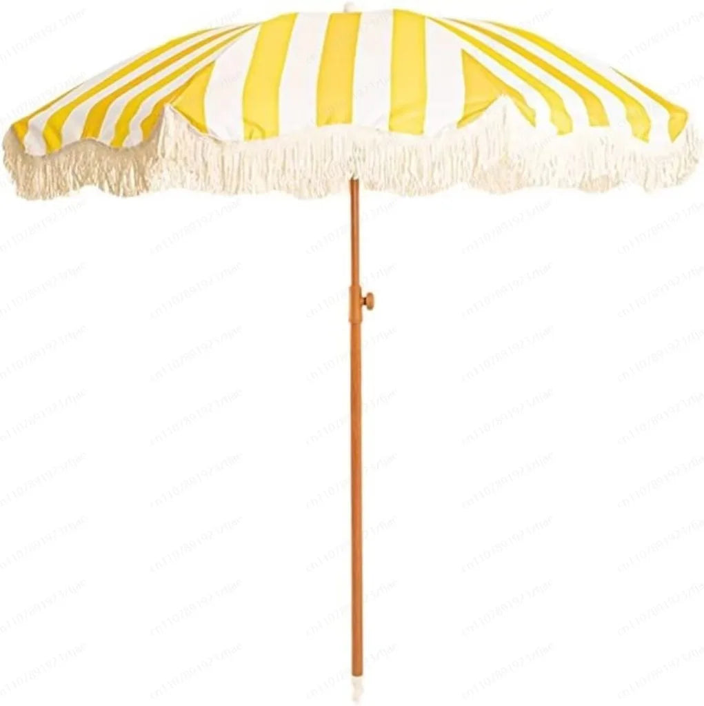 2m yellow striped umbrella with tassels, outdoor shade, beach umbrella, courtyard camping, sun protection
