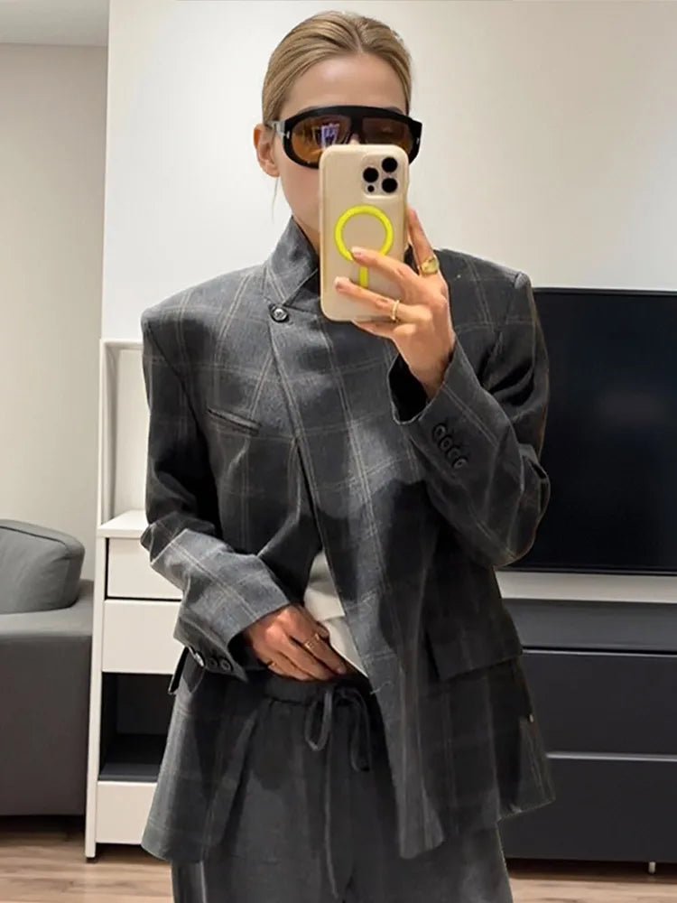 Irregular Plaid Blazer Jacket Women Fashion Stand Collar Full Sleeve Split Loose Short Coat 2026 Lady Daily Commute Outerwear