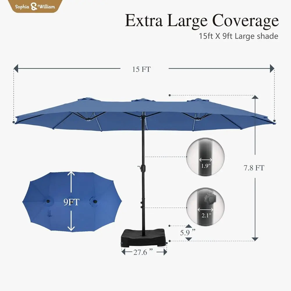 15ft Extra Large Outdoor Patio Umbrella with Base, Heavy Duty Double-sided Fade Resistant, Ideal for Pool, Garden, Backyard, Haz