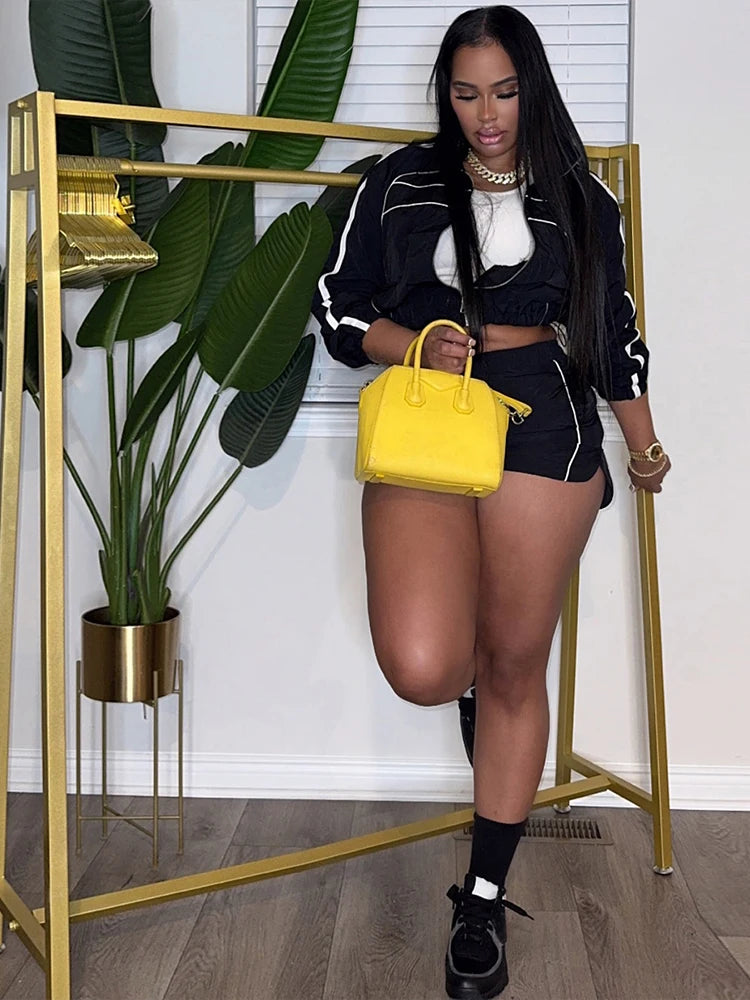 Weird Puss Casual Sporty 2 Piece Set Women Zipper Cardigan Polo-Neck Jacket+Drawstring Skinny Shorts Daily Fashion Tracksuits