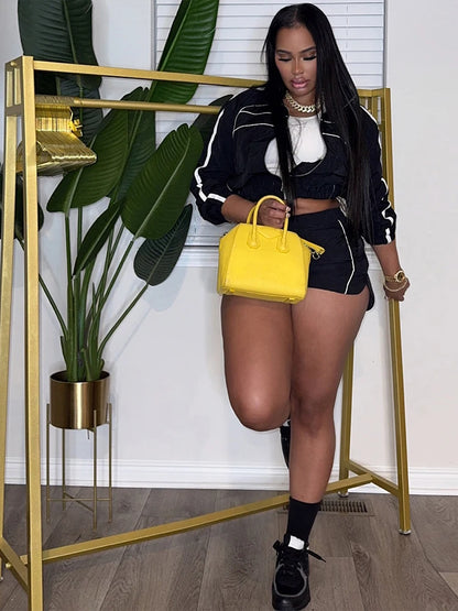 Weird Puss Casual Sporty 2 Piece Set Women Zipper Cardigan Polo-Neck Jacket+Drawstring Skinny Shorts Daily Fashion Tracksuits