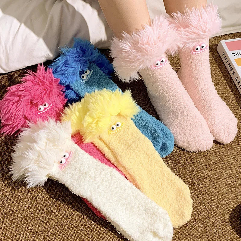 Funny Big Mouth Monster Plush Socks Cute And Fun Plush Socks Thick Coral Velvet Cartoon Sleeping Socks Winter Women Socks Gifts