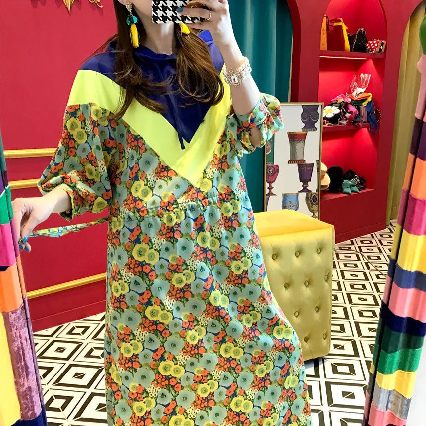 Chic Retro Floral Print Hooded Long Sweater Dr Women's High Waist Color Blo Waisand Casual Comfortable Autumn Dr