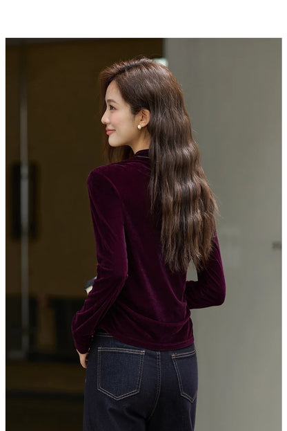 VIMLY Women's Red Velvet T-shirt Casual Knitted Slim Fit Tops Winter 2026 Vintage Mock Neck Folds Long Sleeve Ladies Tees A3305