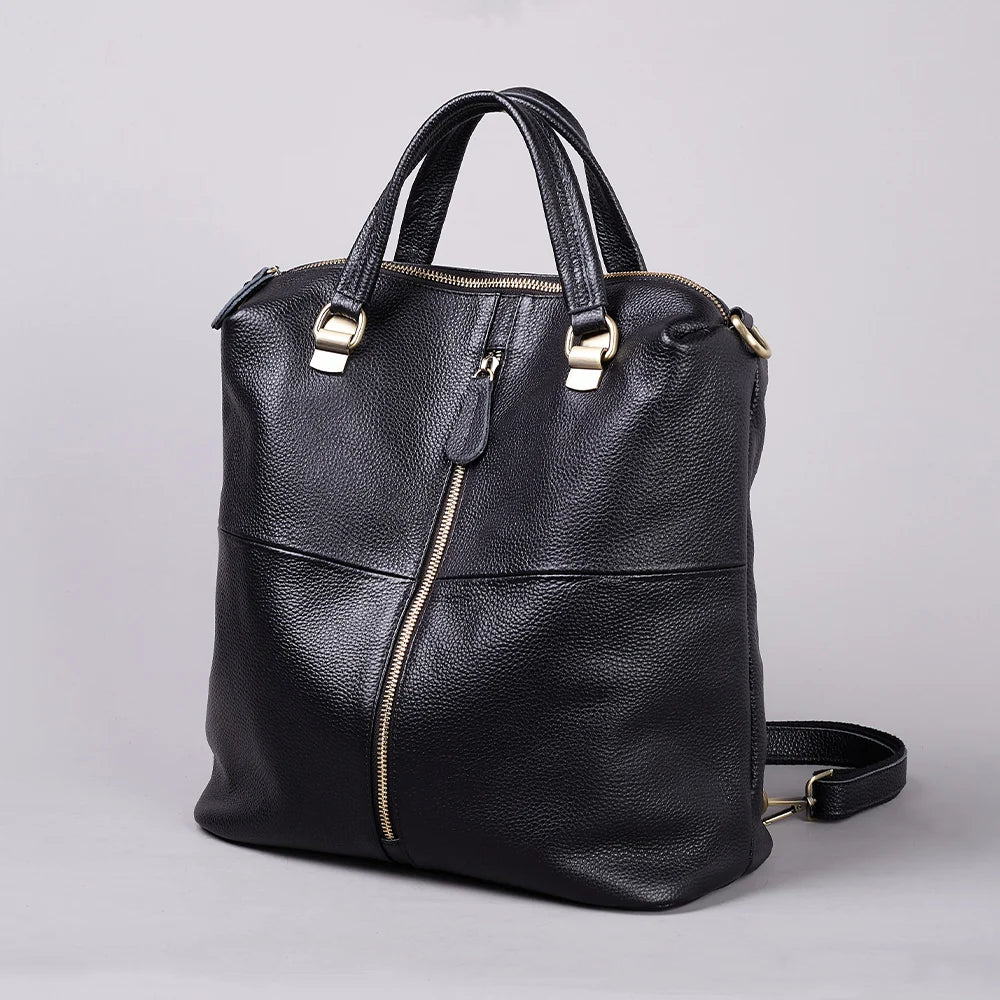 Fashionable Soft Top Layer Cowhide Backpack Large Women's Bag Black Versatile Ladies Handbag Shoulder Bag for All Occasions