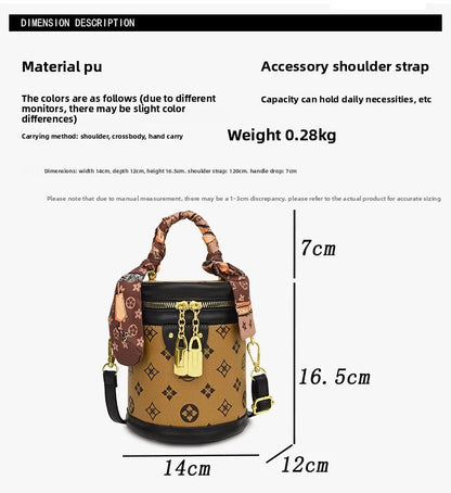 Stylish Printed Bucket Bag with Scarf Detachable Strap Shoulder Crossbody Bag for Women