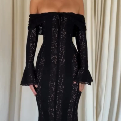 White Sexy Lace Flare Sleeve Dress Off Shoulder Slim Maxi Dresses Women 2024 Female Hollow Out Mermaid Floor Length Elegant Robe