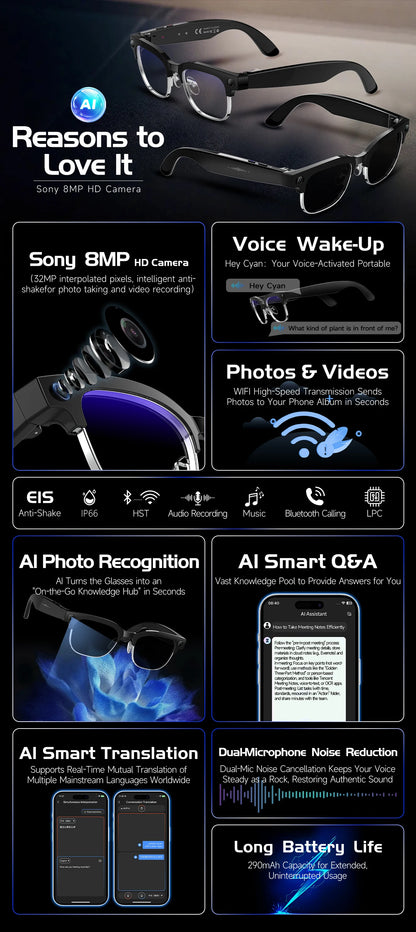 New 1200P HD Smart Glasses With 800W Ultra-Wide Camera Video Recording 4GB AI Photo Recognition Bluetooth Call Translation Voice