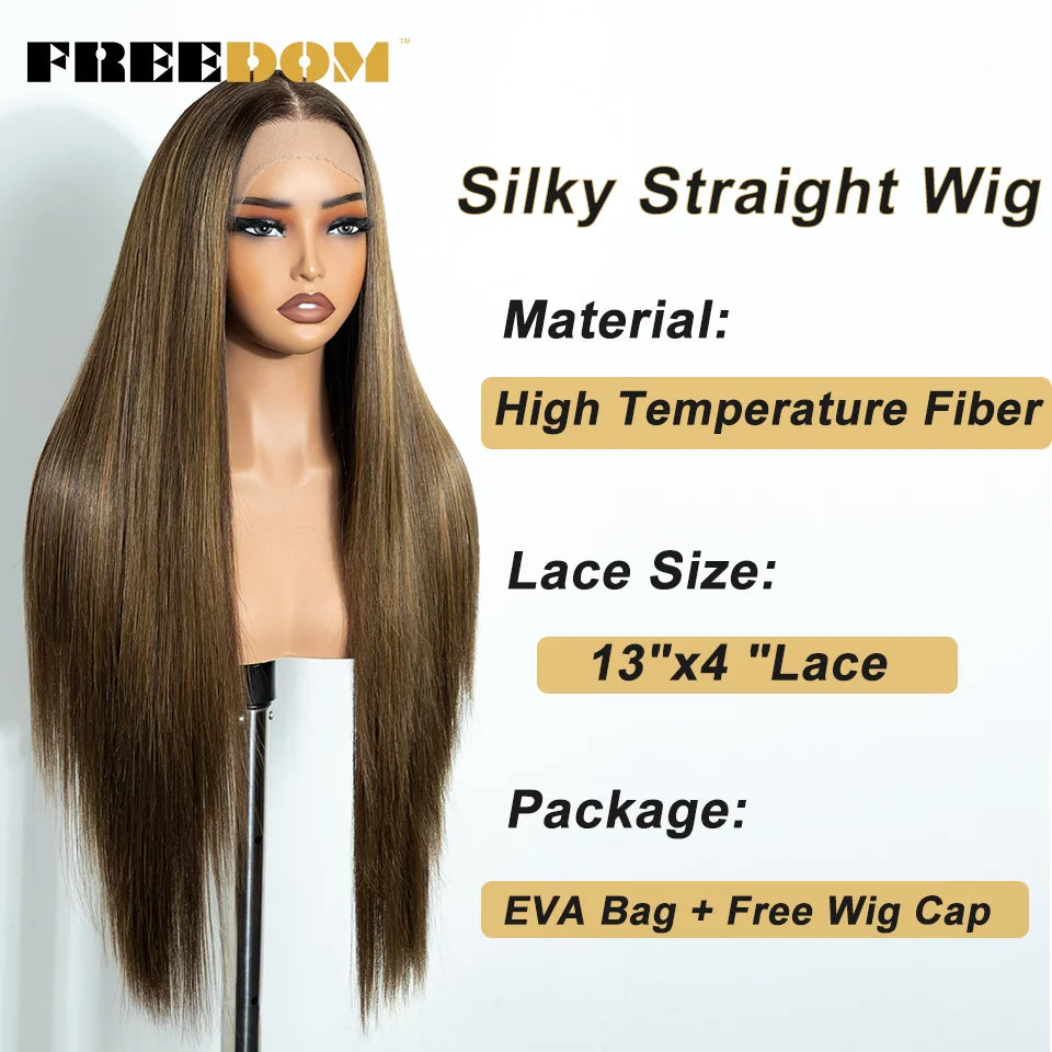 FREEDOM 13X4 Pre Plucked Synthetic Lace Front Wigs For Black Women Natural Hairline Straight 30 Inch Ombre Brown Wig Daily Use