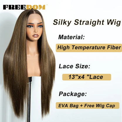 FREEDOM 13X4 Pre Plucked Synthetic Lace Front Wigs For Black Women Natural Hairline Straight 30 Inch Ombre Brown Wig Daily Use