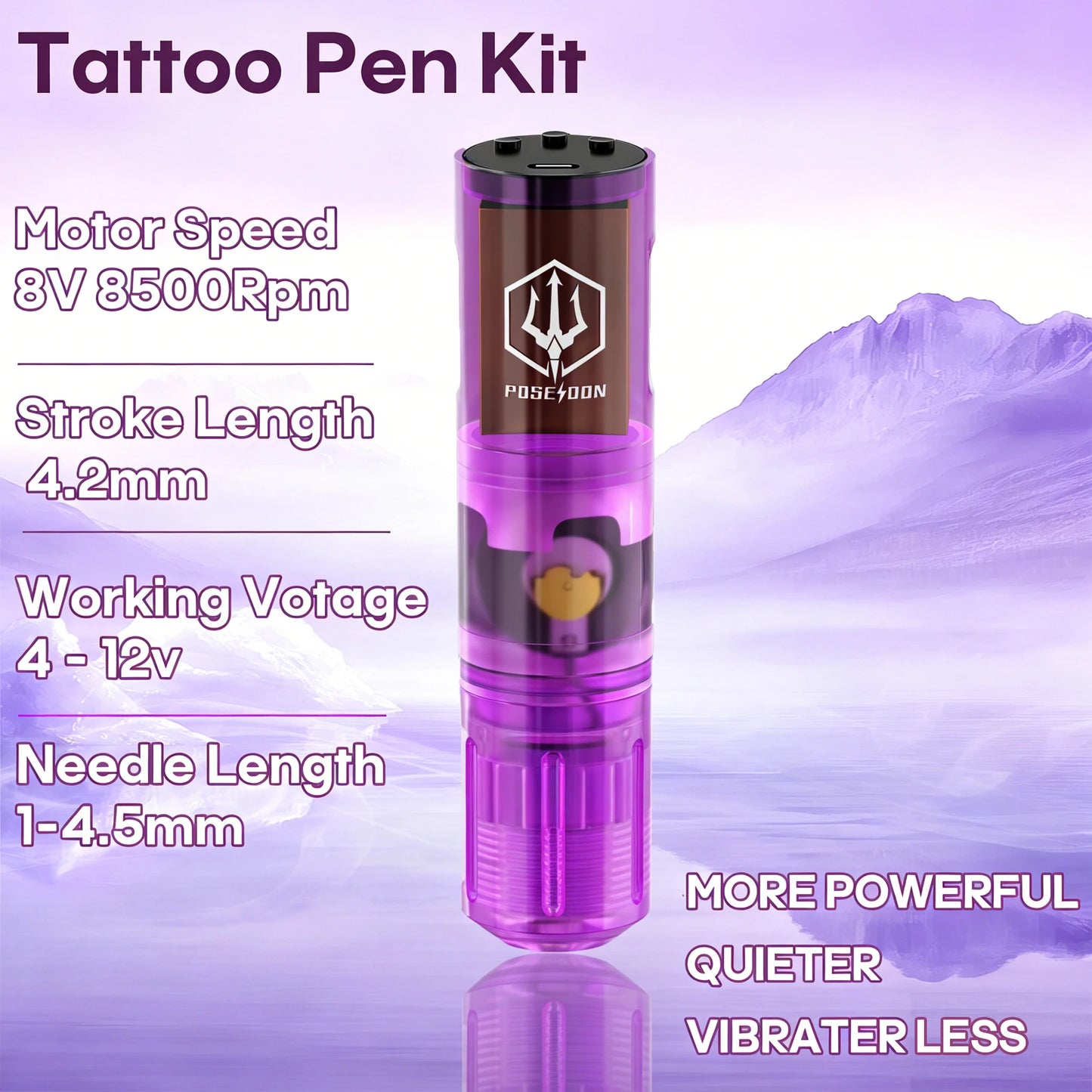 Tattoo Kit POSEIDON High Power Tattoo Pen Kit For Permanent Makeup Tattoo Machine Kit Purple Tattoo Power Supply Tattoo Gun Kit