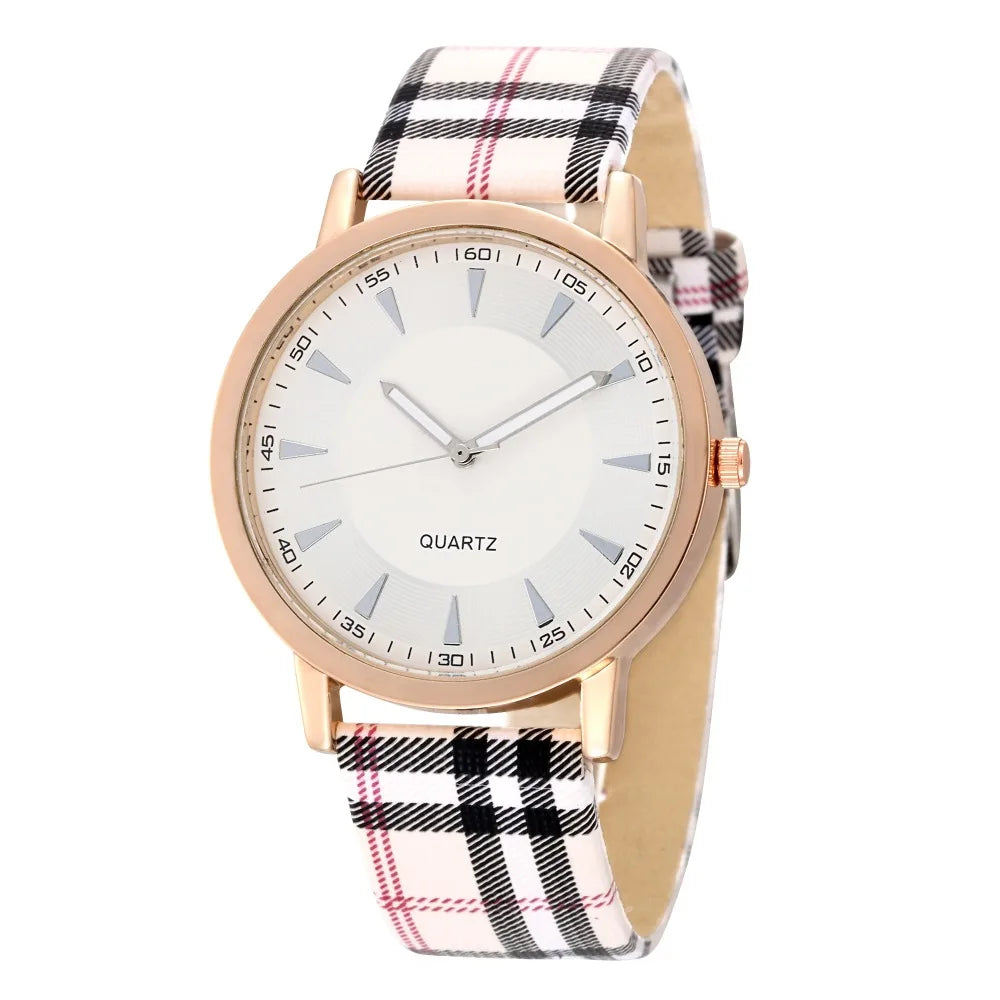 New Fashion Women Watch Simple Vintage Plaid Leather Strap Quartz Wristwatches Dress Casual Ladies Watch Clcok Relogio Feminino