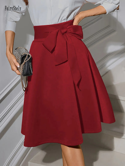 Fairyshely Casual Knitted Black Skirt Women 2025 Summer Lace-up High Waist Knee Skirt Ladies Elegant Solid A line Pleated Skirt