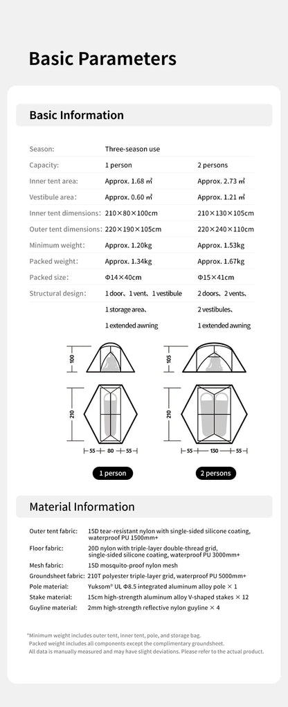 Naturehike Mongar 2 UL/PRO 1-2 Person Backpacking Tent Nylon Waterproof Ultralight Travel Trekking Shelter Tent with Footprint