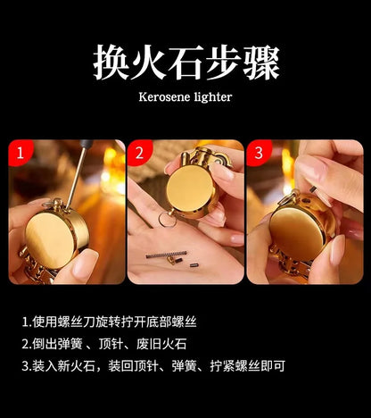 New Retro Round Kero sene Lighter Creative Metal Windproof Flame Lighter Gold and Silver Oil Lighter Smoking Accessories Tool