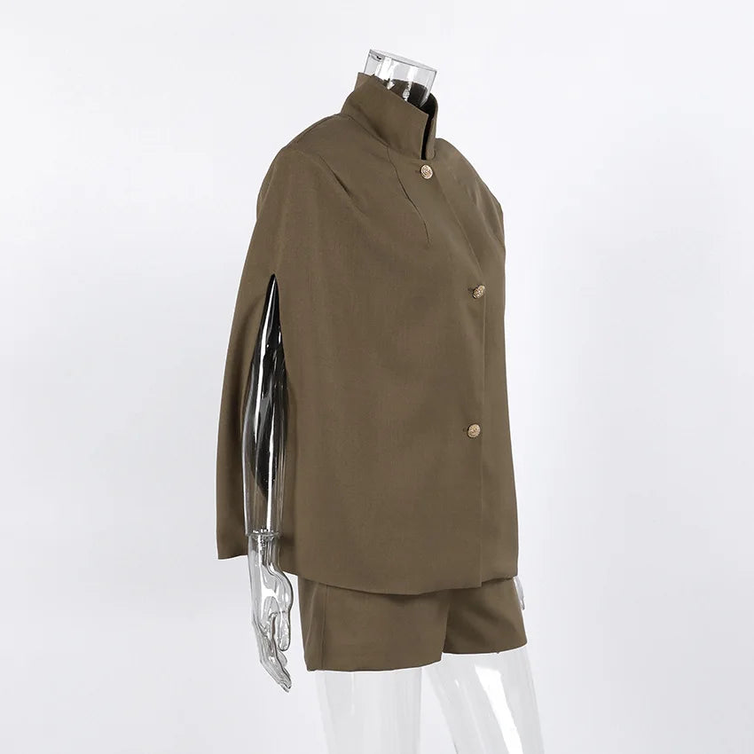 Two Piece Set Women Outfit 2026 New Spring Summer Retro Khaki Sleeveless Stand Collar Cape Sleeve Shirt Top & Casual Short Set