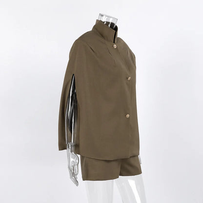 Two Piece Set Women Outfit 2026 New Spring Summer Retro Khaki Sleeveless Stand Collar Cape Sleeve Shirt Top & Casual Short Set