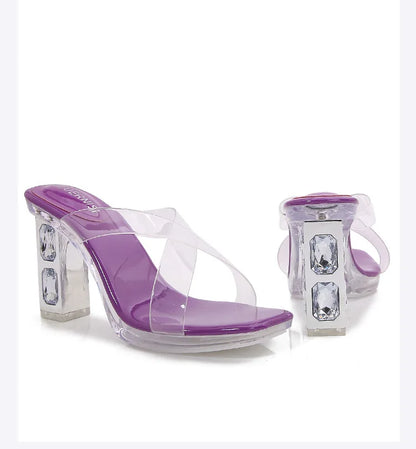 2025 Red High Heels 8cm Women Shoes Rhinestone Thick Heels Square Toe Ladies Pumps Cross Tie Straps Slippers Sandals Party Shoes