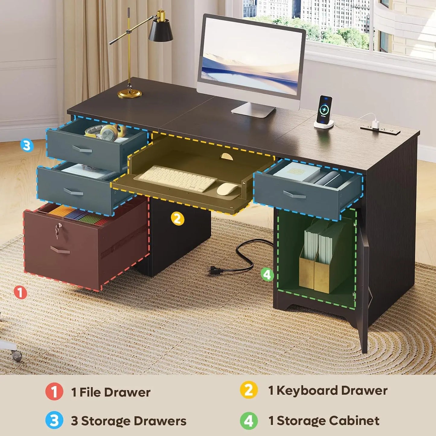 59” Office Desk with Lockable Drawers, Modern Computer Desk with File Drawer, Charging Station & Drop-Front, Customized