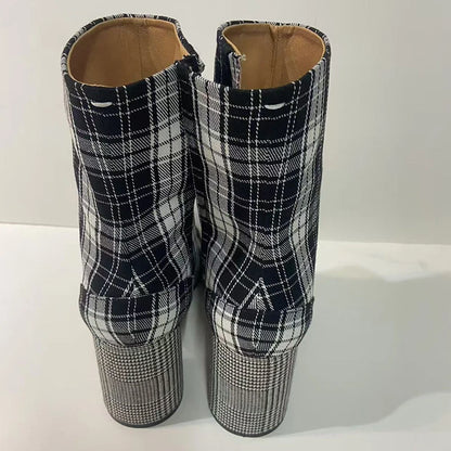 2025 Luxury Brand Designer Split Toe Ankle Boots New Fashion Chunky Round High Heels Women Boots Winter Plaid Boots