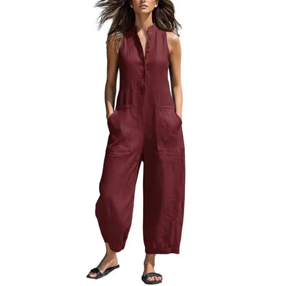 Women's Summer Sleeveless Jumpsuit Button Up Stand Collar Loose One Piece Overalls Wide Leg Long Pants Rompers with Pockets