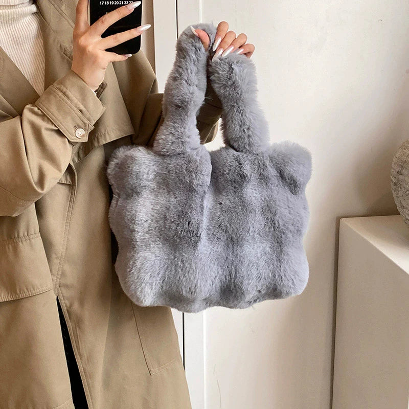 Women's Fluffy Plush Shoulder Bag Autumn Winter Top-Handle Solid Color Tote Versatile Commuter Handbag for Girls