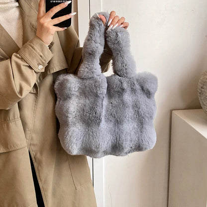 Women's Fluffy Plush Shoulder Bag Autumn Winter Top-Handle Solid Color Tote Versatile Commuter Handbag for Girls