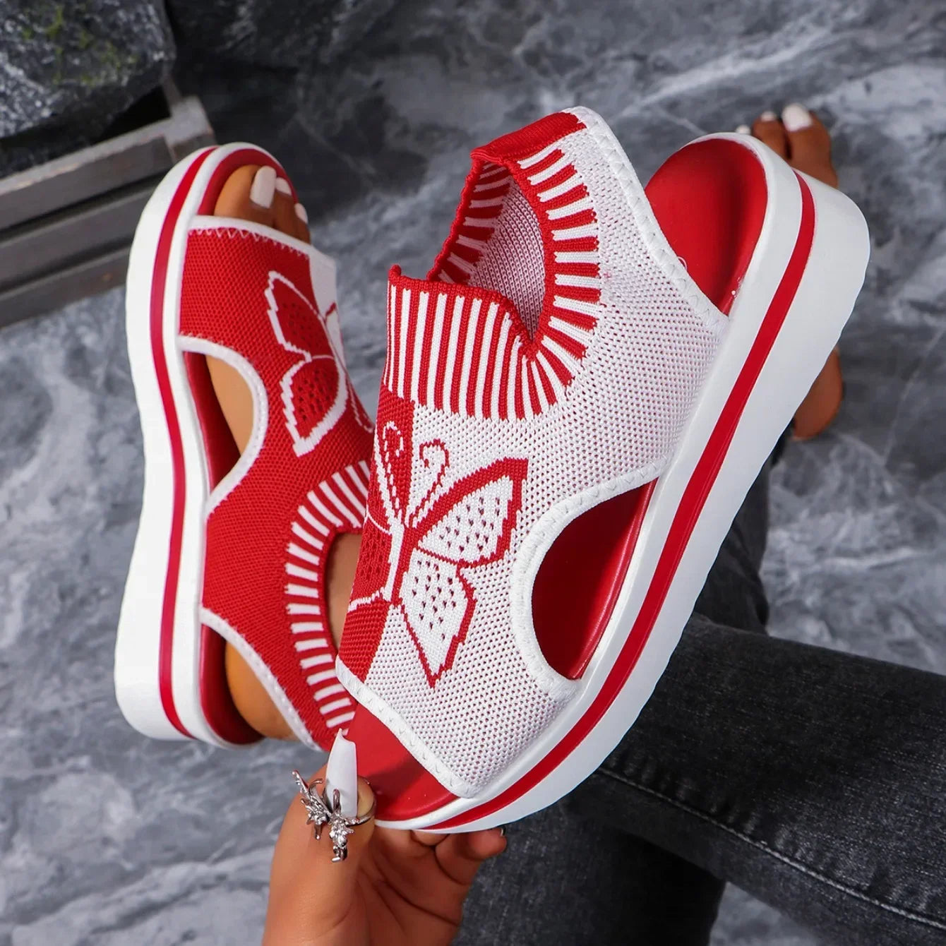 2024 Summer New Women Sandals Round Toe Platform Sole Mesh Single Women Shoes Casual Fashion Blue Butterfly Plus Size Sandals