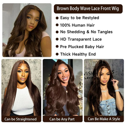 Geeta 30 34 Inch Chocolate Brown Body Wave Lace Front Wig 200 250 Density Colored 100% Human Hair Wigs 13x4 Lace Frontal Wig