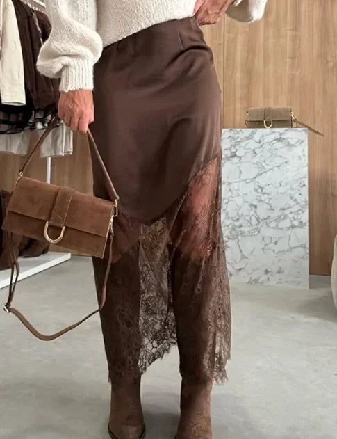 Lady Elegant Patchwork Lace Skirts Fashion High Waist Slim Hollow Out Maxi Skirts 2026 Autumn Women Brown Party Club Skirt