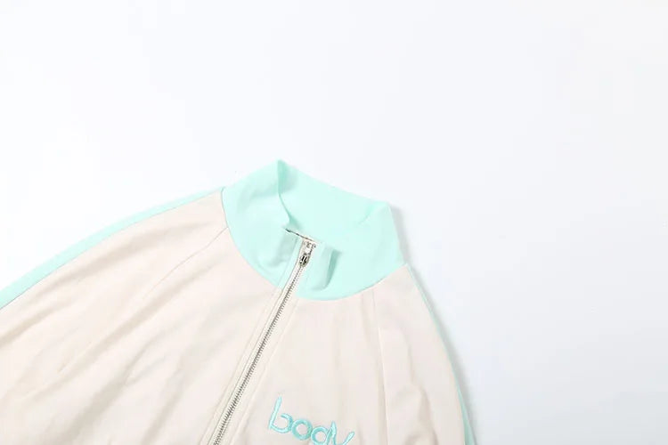 Nibber Embroidery Letter Patchwork Women 2 Piece Set Zip Crop Jacket+Mini Shorts Stretch Casual Street Sporty Hipster Outfits