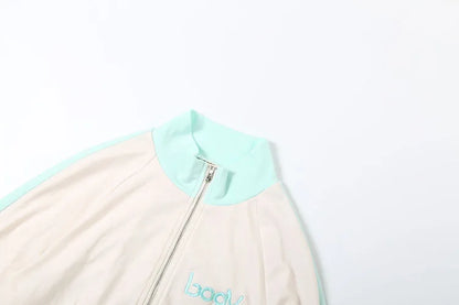 Nibber Embroidery Letter Patchwork Women 2 Piece Set Zip Crop Jacket+Mini Shorts Stretch Casual Street Sporty Hipster Outfits