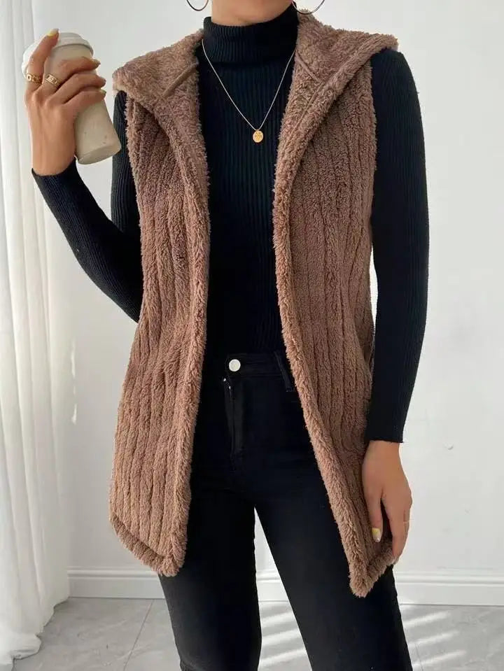 VigoCasey 2025 Autumn Winter Brown Long Thick Vest Coat Woman Sleeveless Plush Warm Waistcoat Lady Hooded Casual Vest Jacket