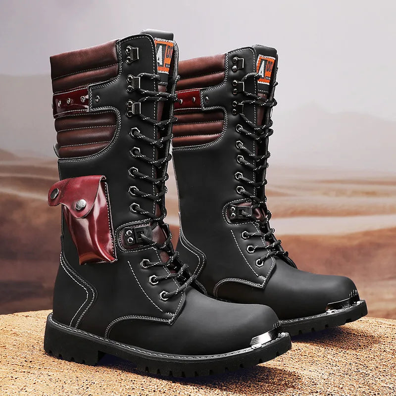 Men Motorcycle Boots Fashion Mid-Calf Punk Rock Punk PU Leather Black High Top Mens Casual Boot Steel Toe Shoes Big Size 38-46