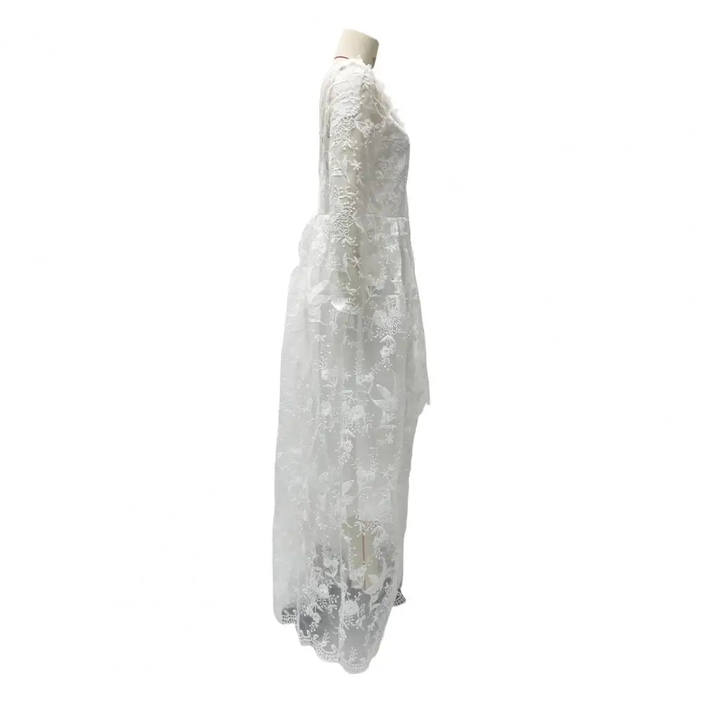 Detail Lace Cocktail Party Dress Floral Embroidere Maxi Dress Women Wedding Bride Dress Lace Long Sleeve Back Zipper Lace