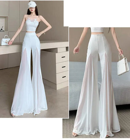 White mesh fishtail flared pants women summer thin design high waist hanging feeling elegant chiffon wide leg casual pants